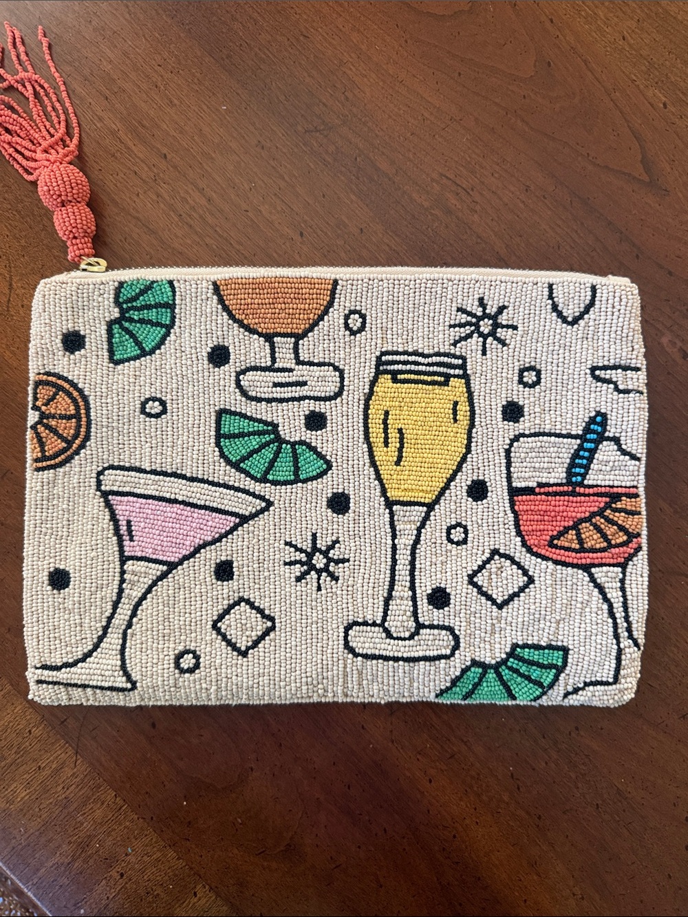 Beaded Cocktail Print Clutch Pouch - Coral Tassel